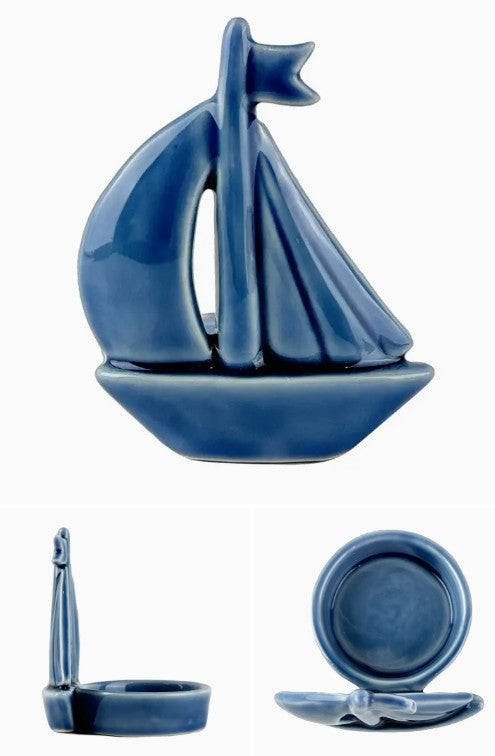 Bougeoir voilier en céramique bleu