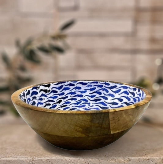 Grand bol en bois émaillé Poissons bleus