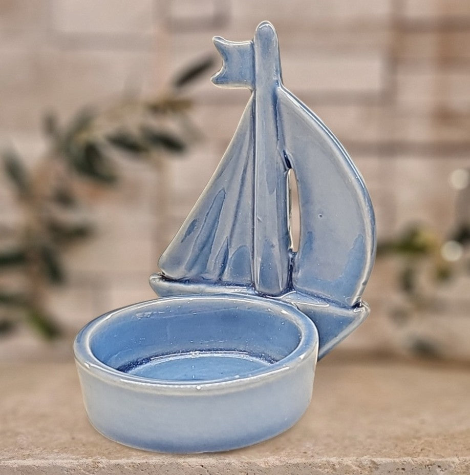 Bougeoir voilier en céramique bleu